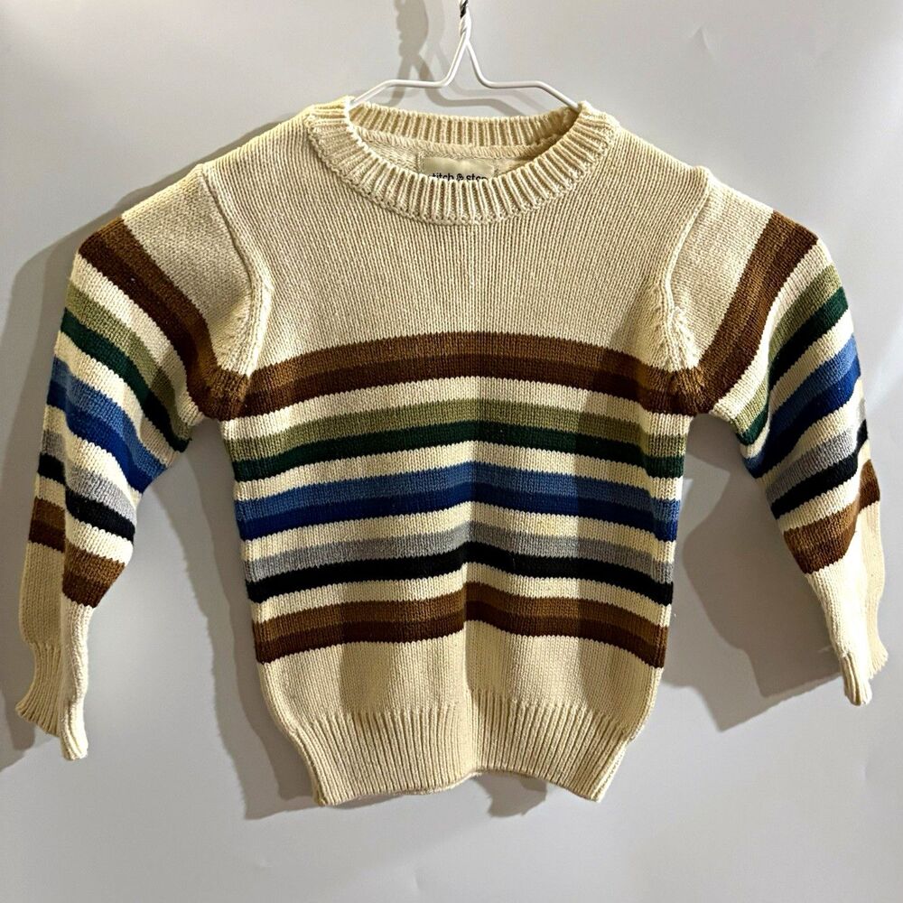 Stitch & Stone Striped Knit Sweater 3T Beige Brown Blue Green Crewneck